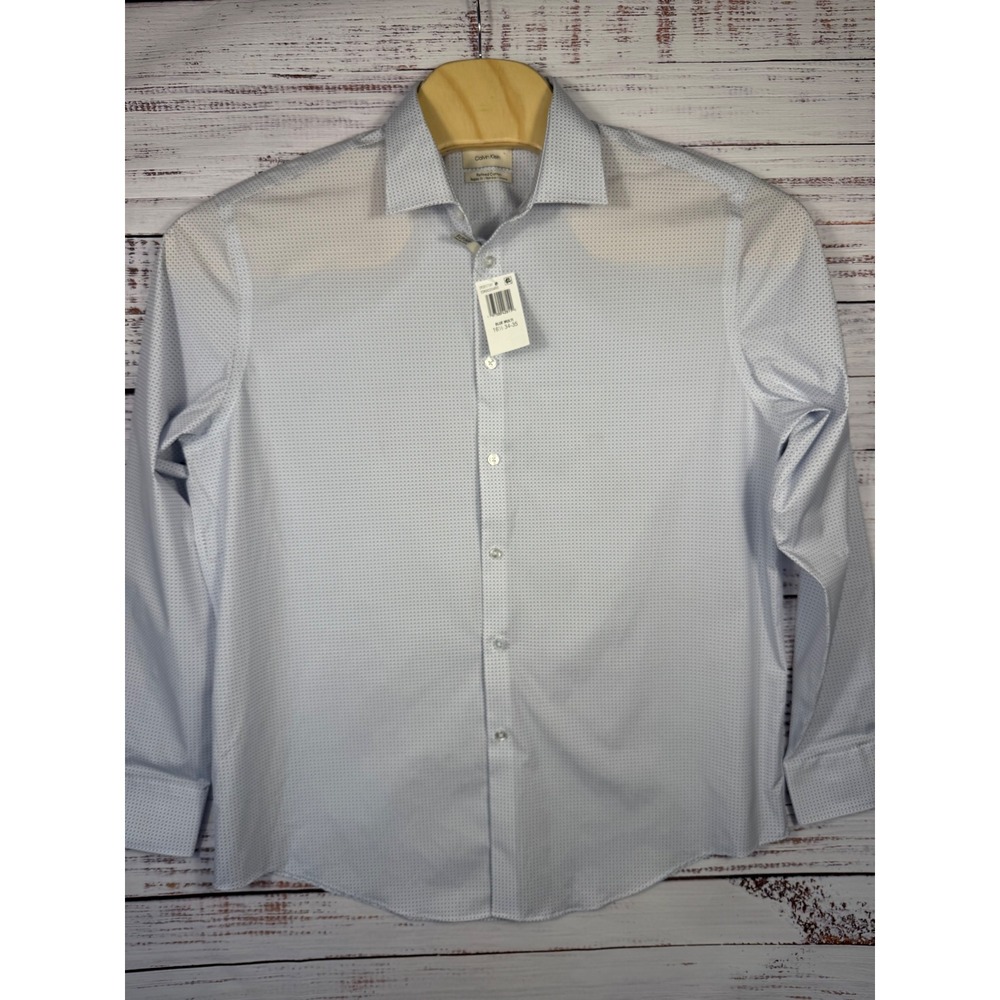 Calvin Klein Refined Cotton Shirt Men Regular Fit 16.5 34/35 Blue Geometric NWT